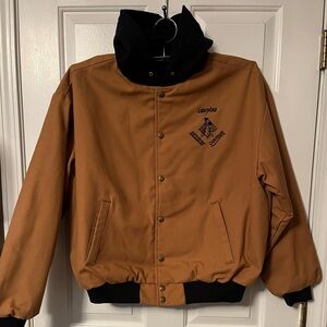 VTG SWINGSTER Workwear Heavy Canvas Tan Snap Up Jacket Black Hood Quilted Coat L